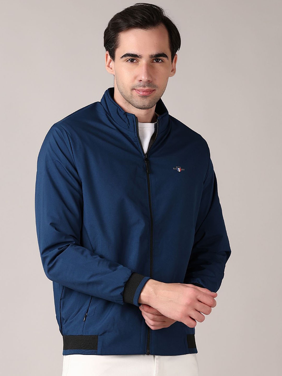 

V-Mart Men Mock Collar Solid Cotton Casual Bomber Jacket, Blue