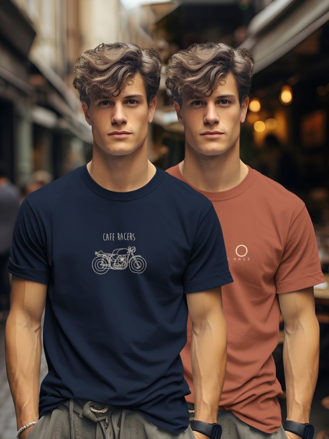 

BULLMER Men Pack Of 2 Graphic Printed Round Neck Cotton T-shirts, Navy blue