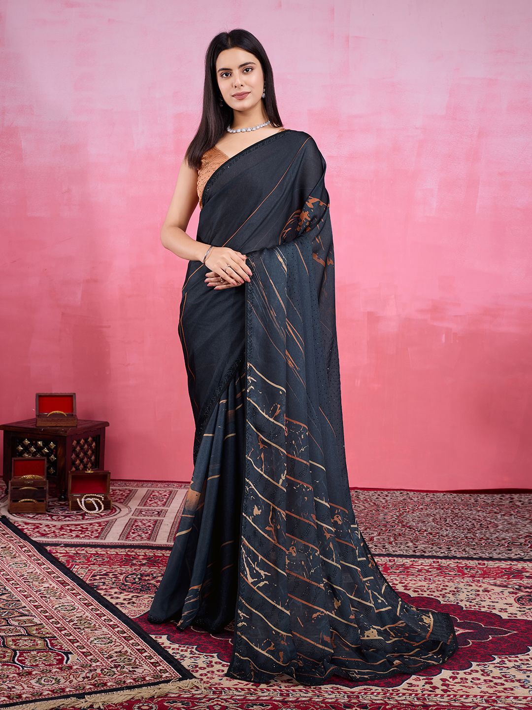 

Mitera Embellished Beads and Stones Satin Saree, Black