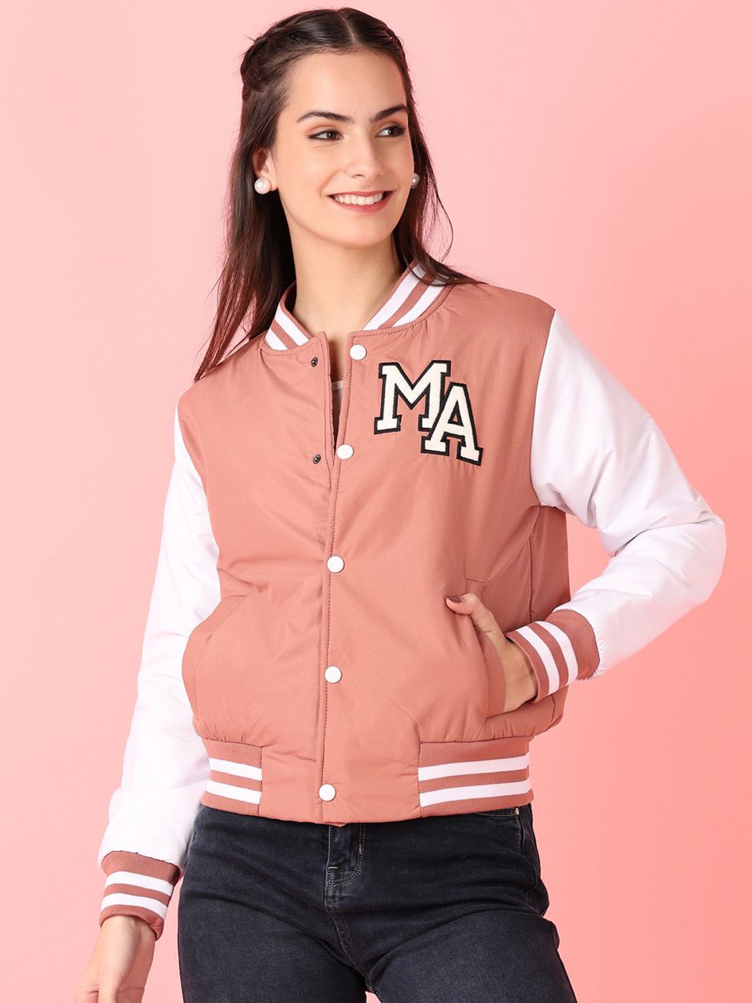 

V-Mart Women Stand Collar Typography Printed Cotton Casual Varsity Jacket, Peach