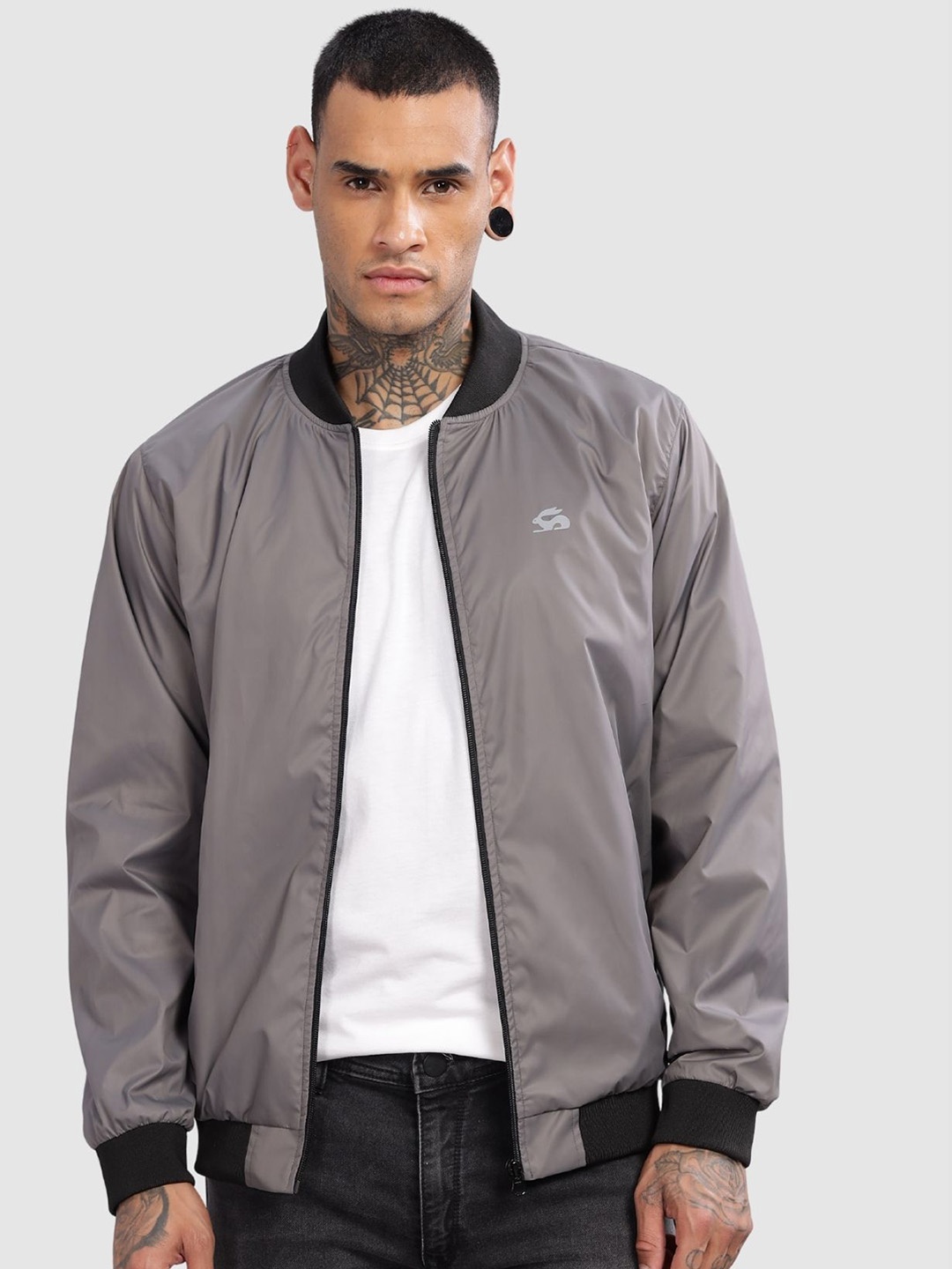

ADRO Men Stand Collar Solid Casual Bomber Jacket, Grey