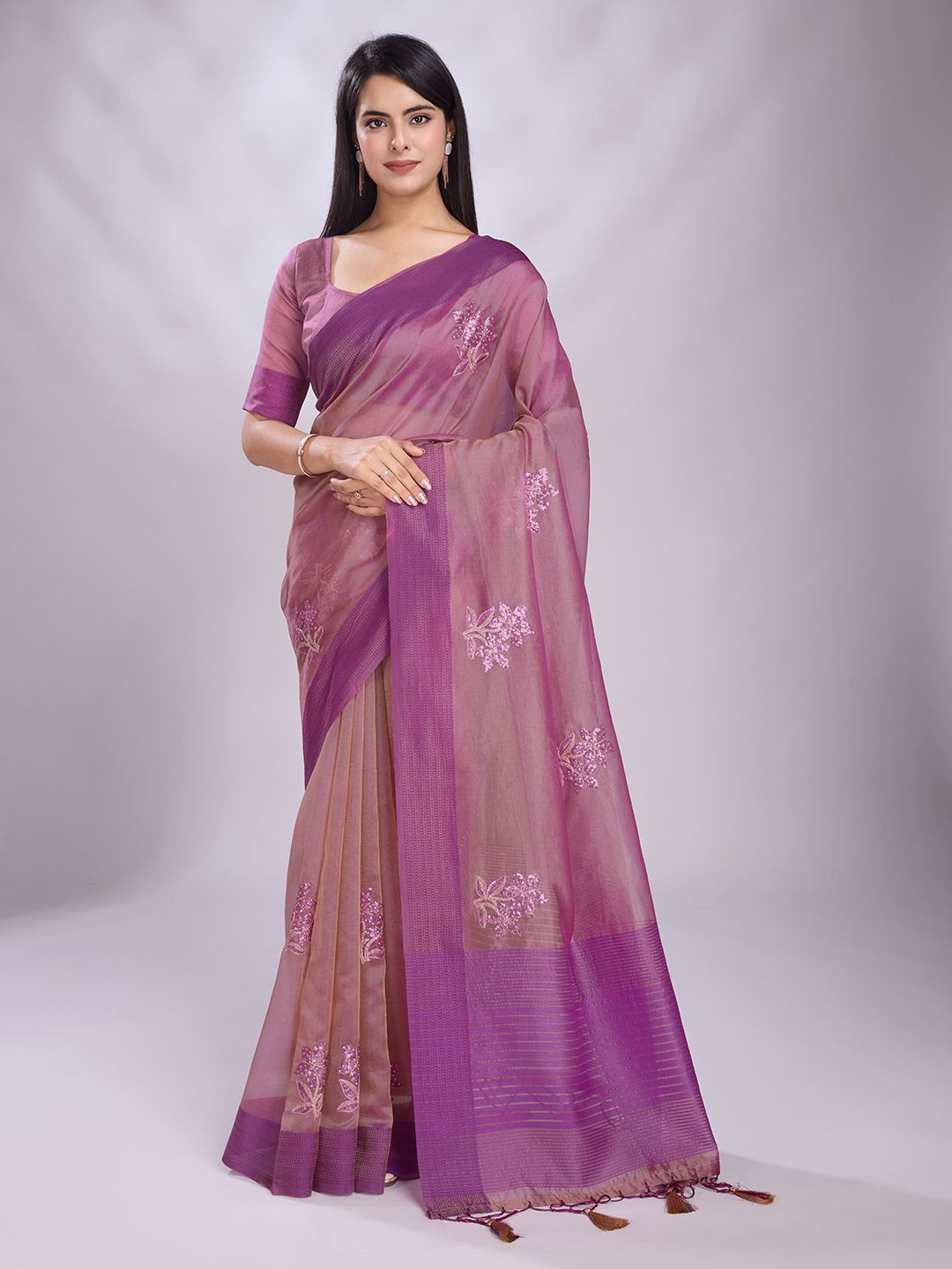 

Mitera Embellished Embroidered Organza Saree, Pink