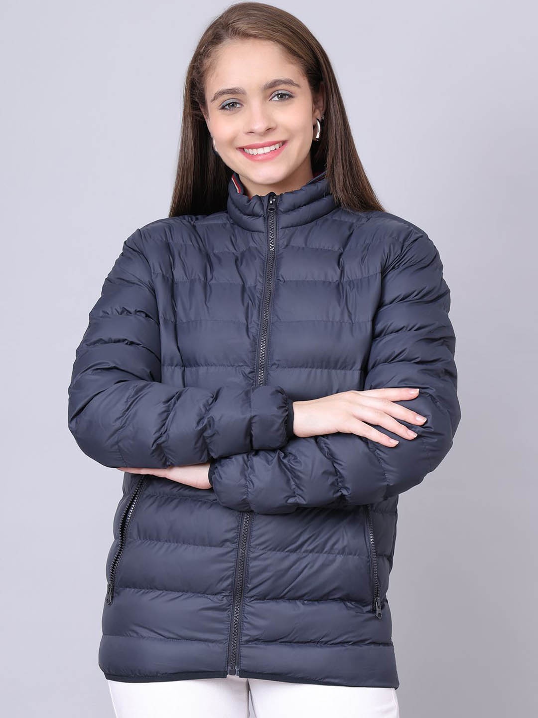 

HOUSE OF VEDAS Women Mock Collar Solid Casual Quilted Jacket, Navy blue