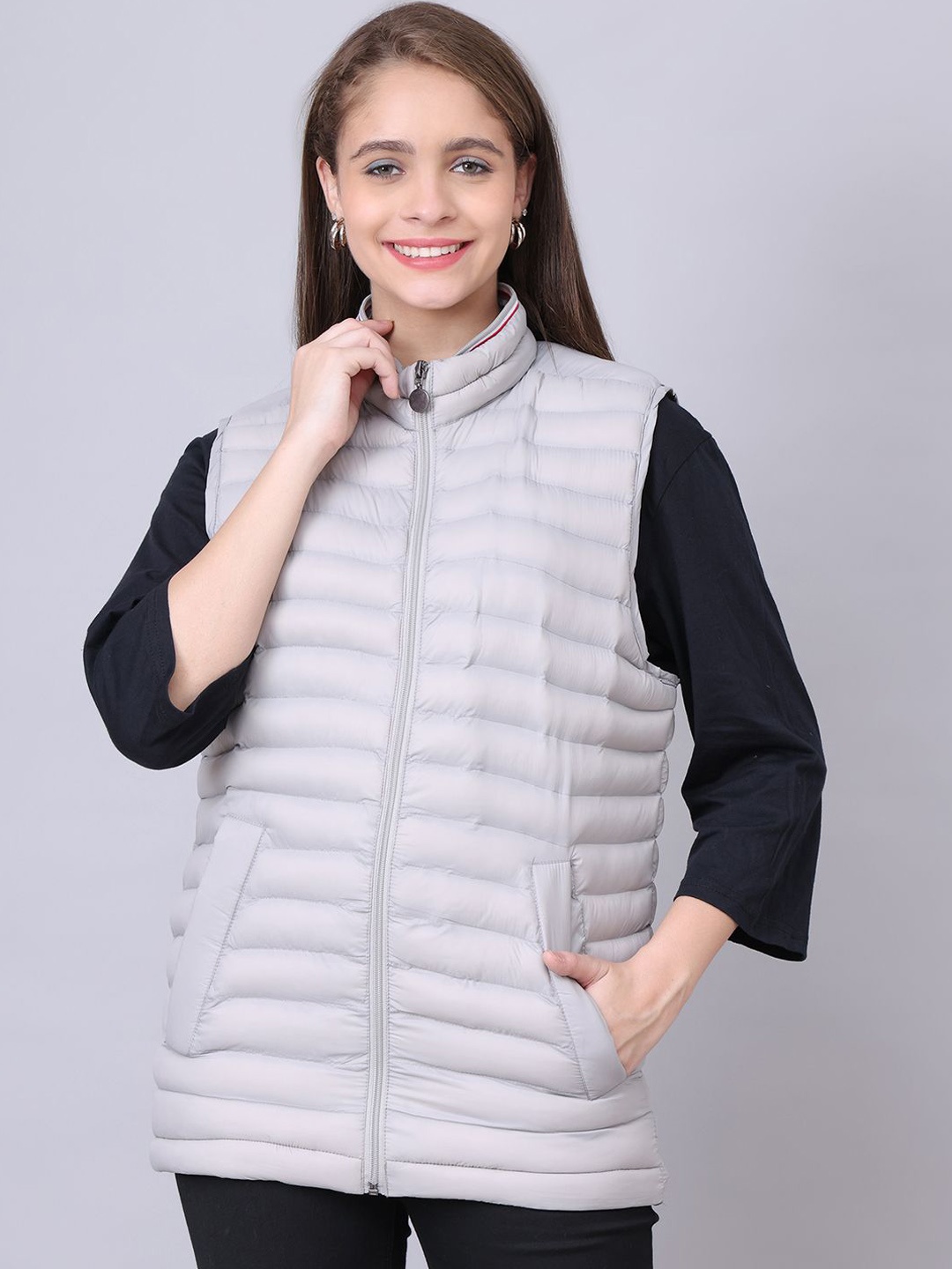 

HOUSE OF VEDAS Women Mock Collar Solid Casual Quilted Jacket, Grey