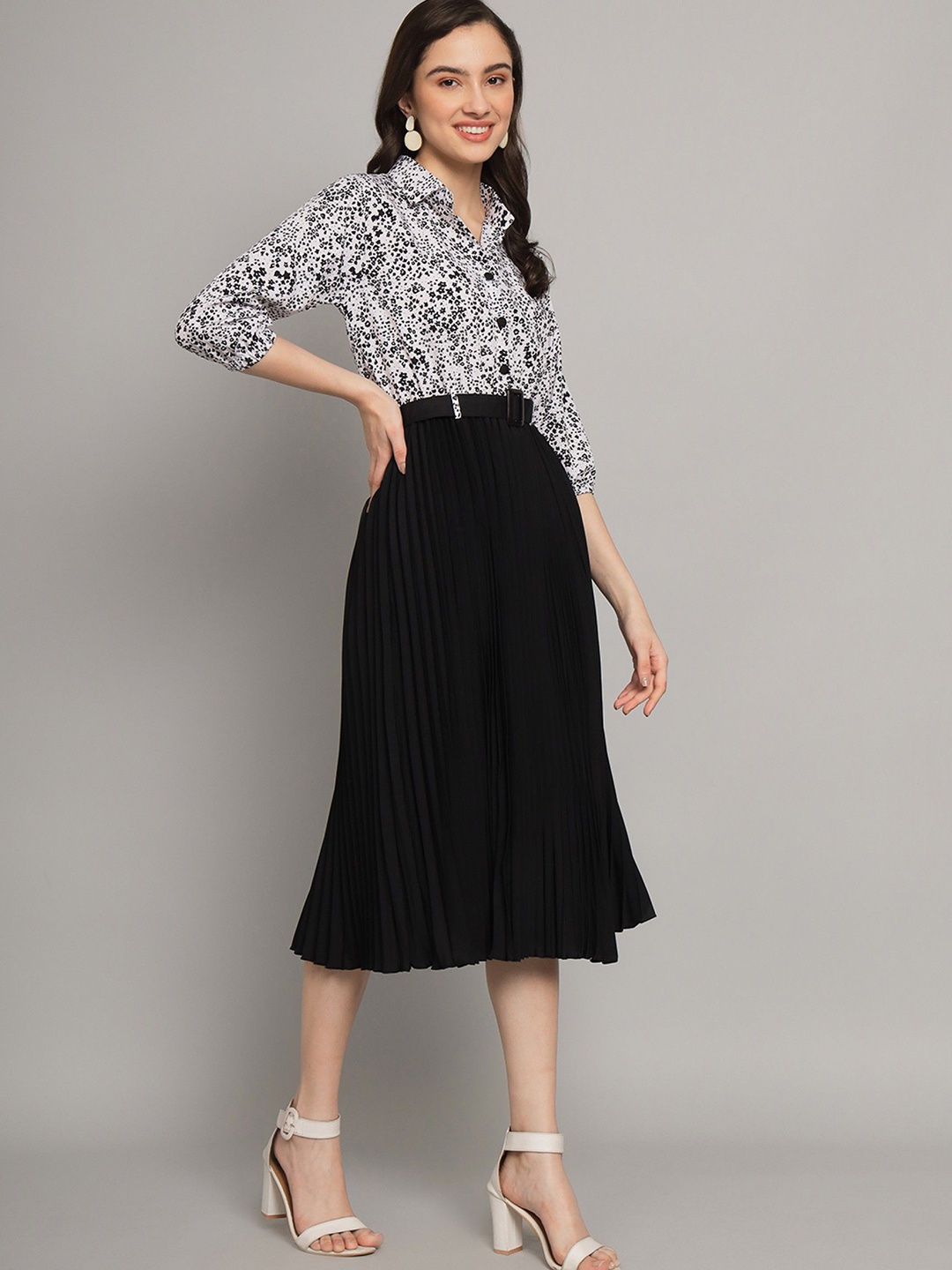 

Femvy Women Floral Printed Shirt Collar Puff Sleeves Fit & Flare Midi Dress, Black