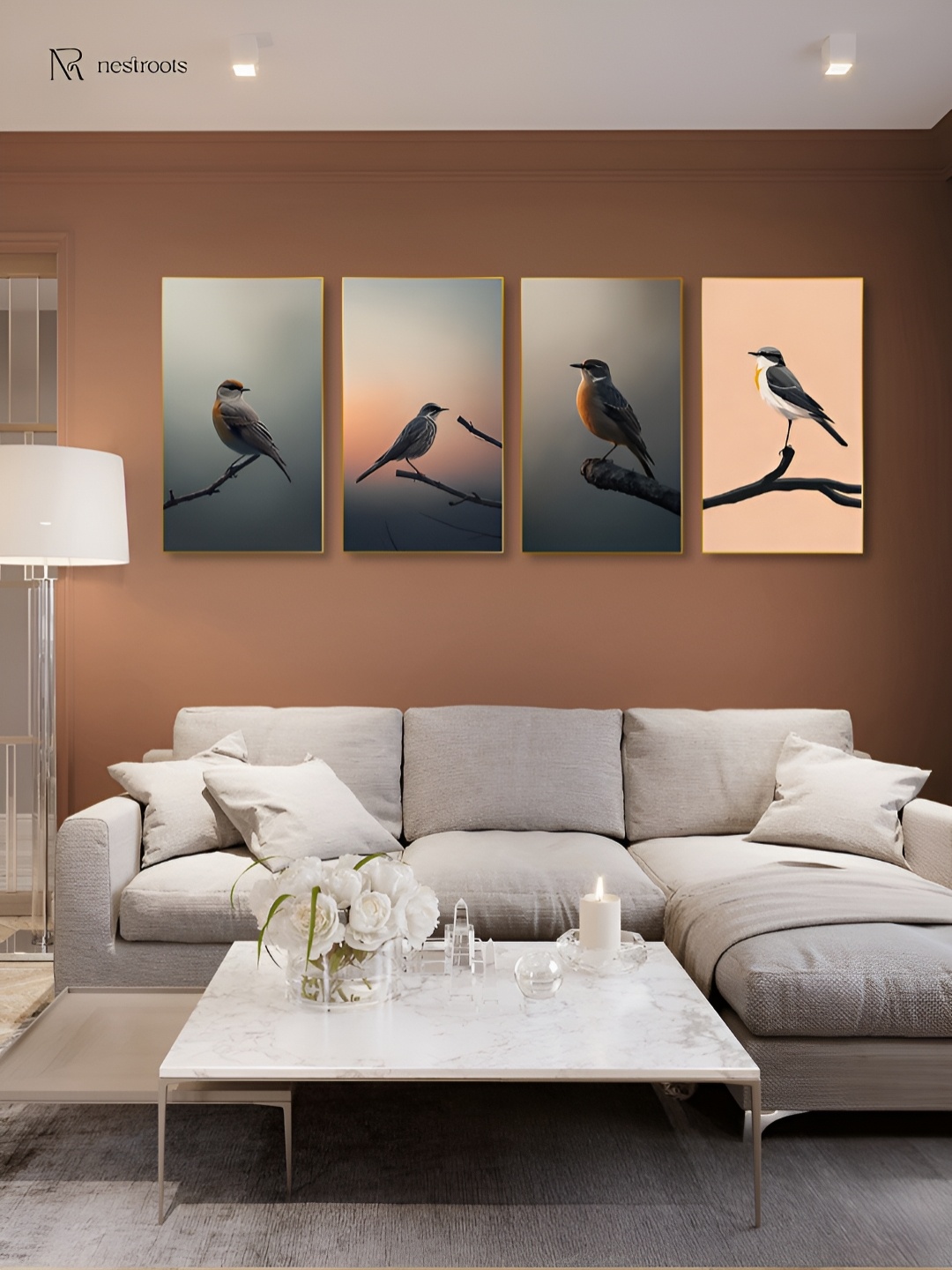 

nestroots Peach & Black 4 Pieces Canvas Birds Wall Arts