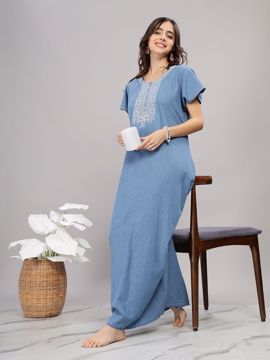 

9shines Label Women Round Neck Embroidered Pure Cotton Maxi Nightdress, Blue