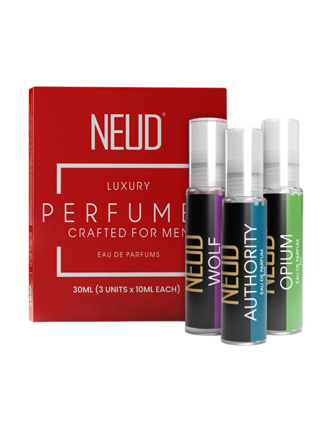 

NEUD Men Set Of 4 Wolf, Authority & Opium Long Lasting Eau de Parfum- 10 ml Each, Red