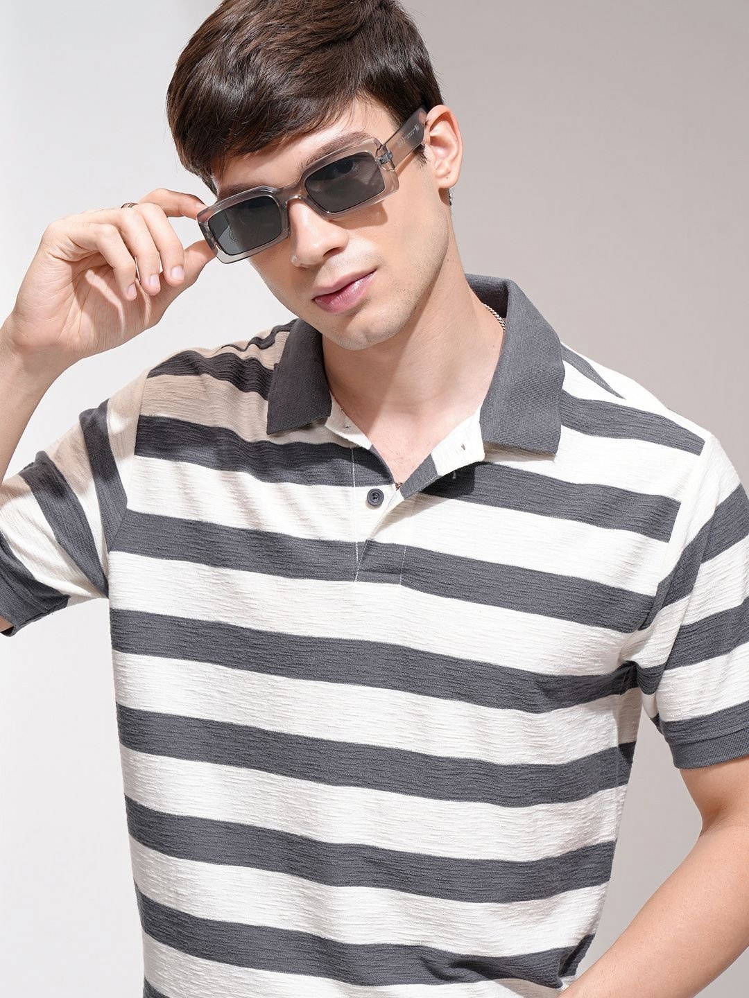 

HIGHLANDER Men Striped Polo Collar Cotton Relaxed Fit T-shirt, White