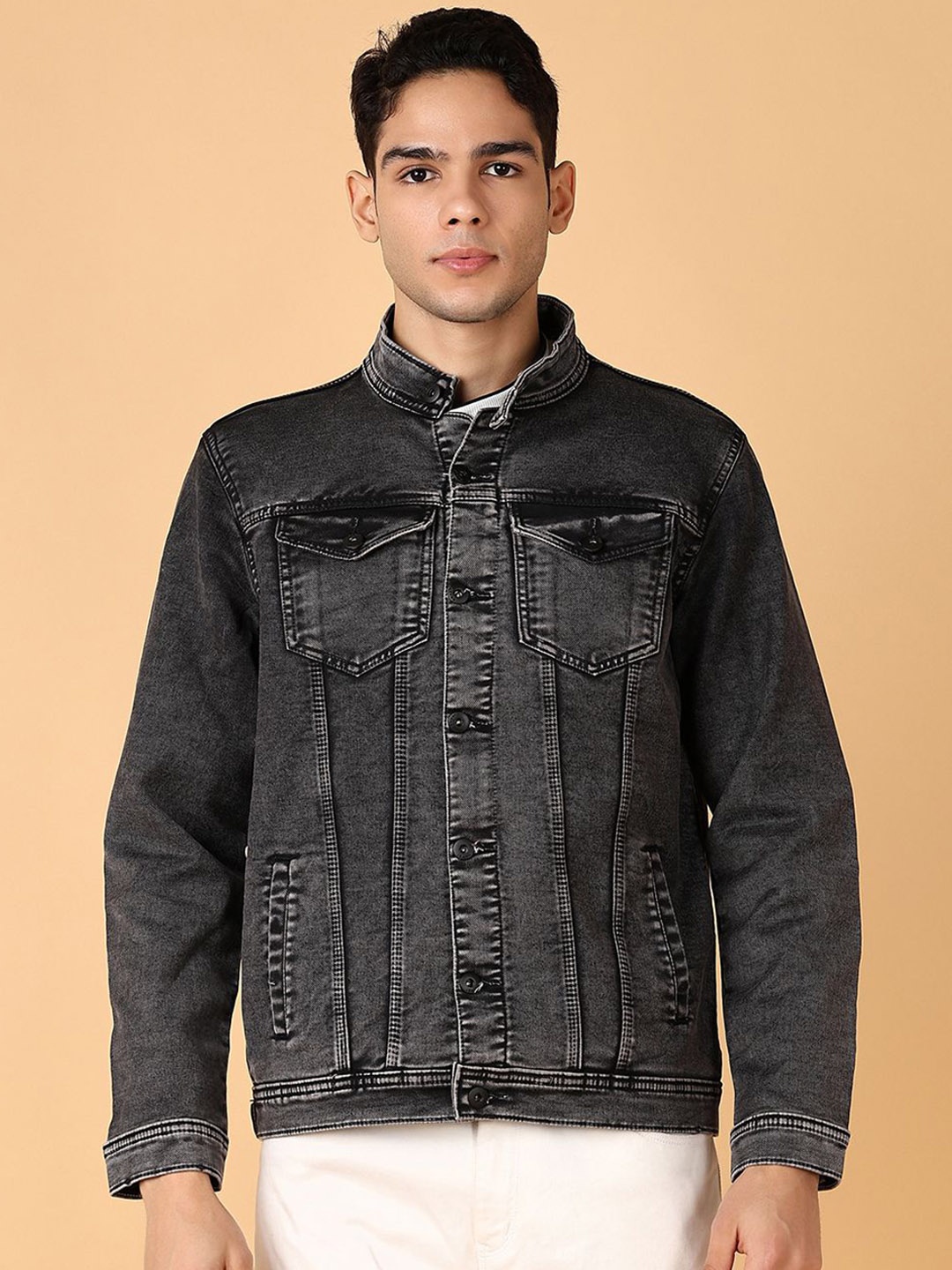 

V-Mart Men Mandarin Collar Solid Denim Casual Jacket, Grey