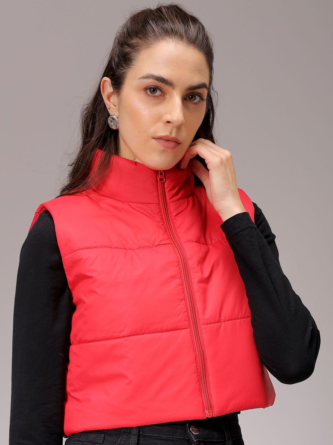 

Freehand by The Indian Garage Co Women Mock Collar Solid Casual Padded Jacket, Red