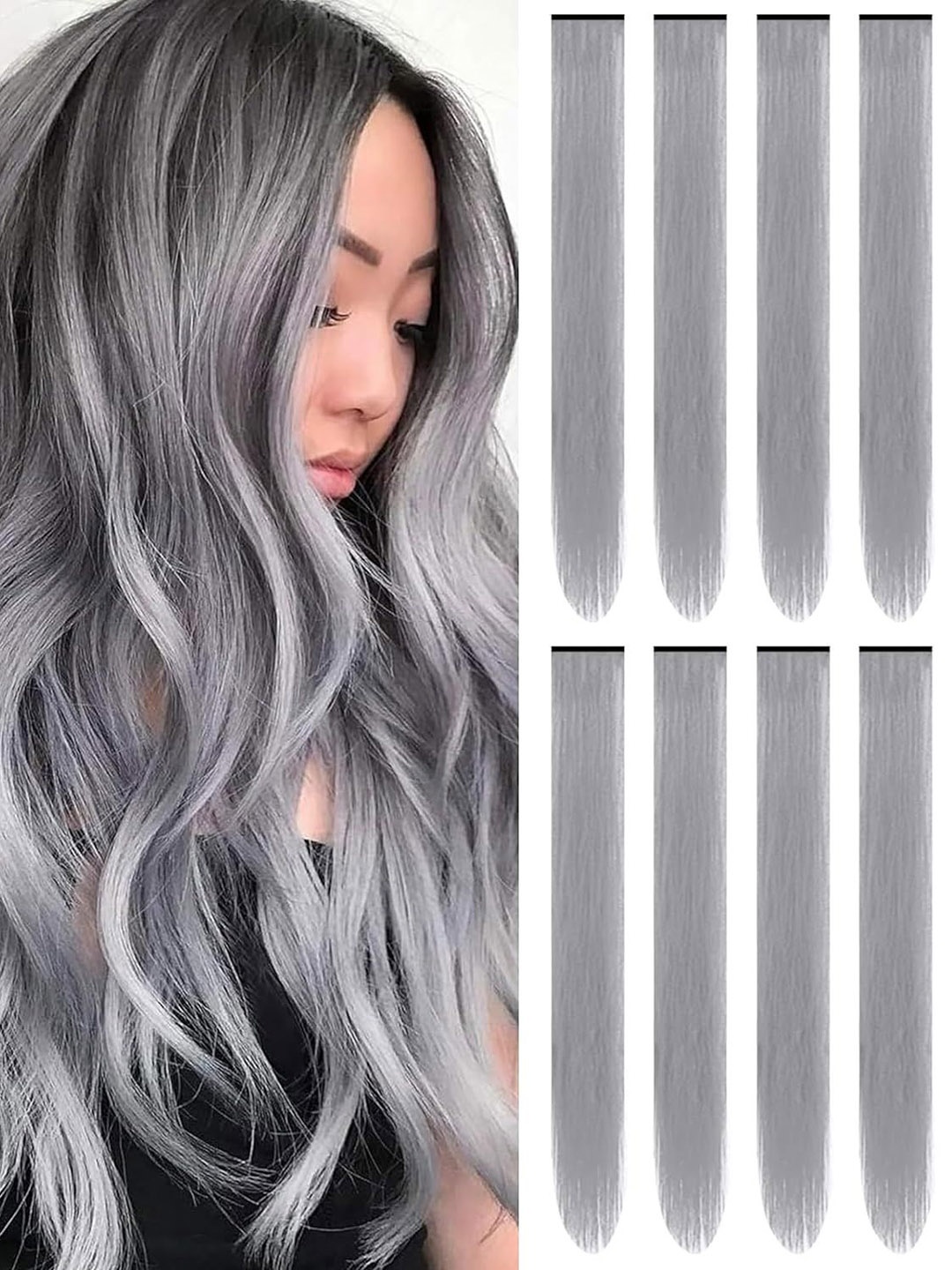 

RITZKART 2 Pc Grey 20 Inch Synthetic Hair Extension Clip On Streaks