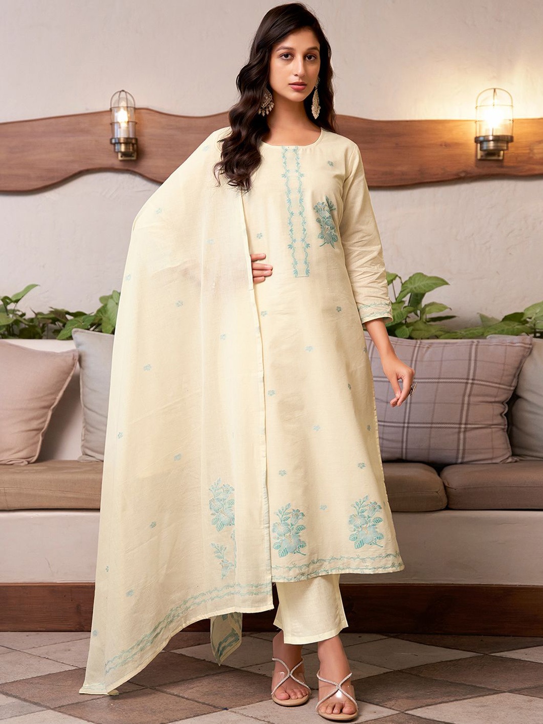 

KALINI Floral Woven Design Straight Kurta with Trousers & Dupatta, Cream