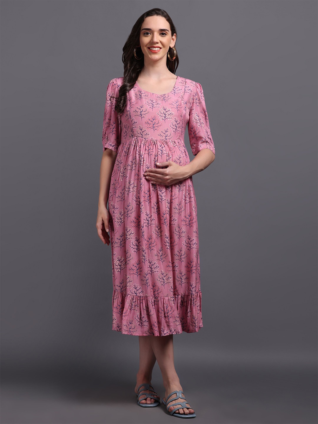

CHARISMOMIC Women Ethnic Motifs Print Maternity Fit & Flare Midi Dress, Pink