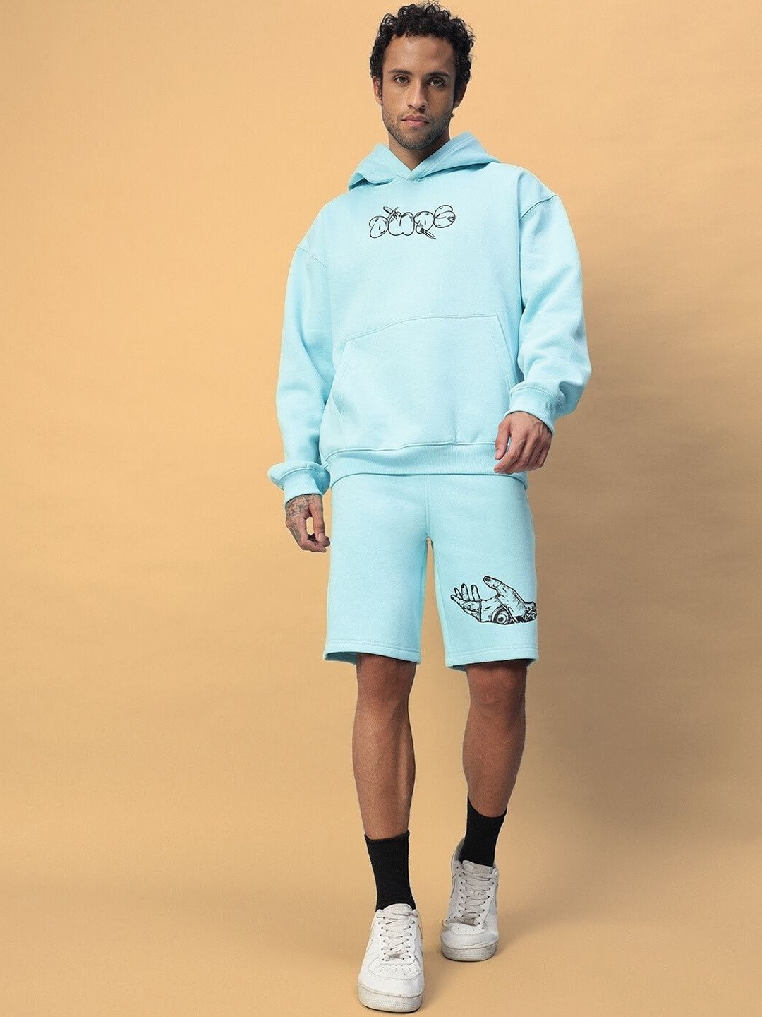 

WEARDUDS Printed Hooded Long Sleeves Sweatshirt With Shorts, Blue
