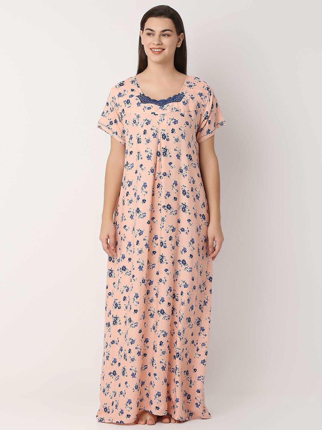 

Juliet Printed Short Sleeves Round Neck Maxi Nightdress, Peach