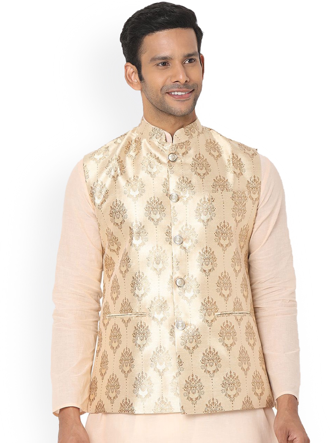 

SALWAR STUDIO Men Woven Design Nehru Jackets, Gold