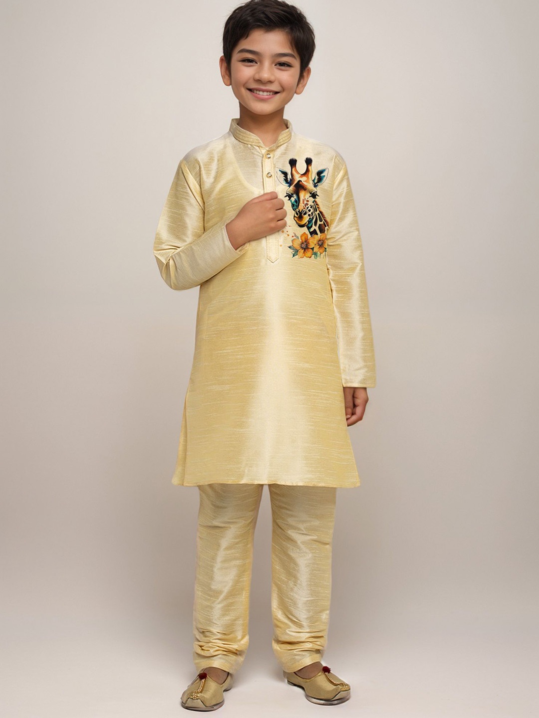 

DEVOILER Boys Mandarin Collar Dupion Silk Straight Kurta With Churidar, Beige