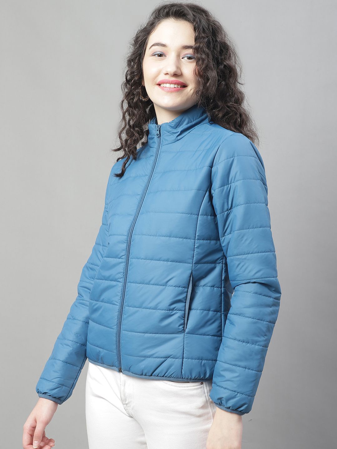 

HOUSE OF VEDAS Women Mock Collar Solid Casual Quilted Jacket, Blue