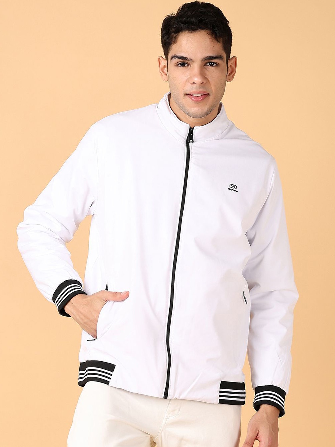 

V-Mart Men Mock Collar Solid Cotton Casual Bomber Jacket, White