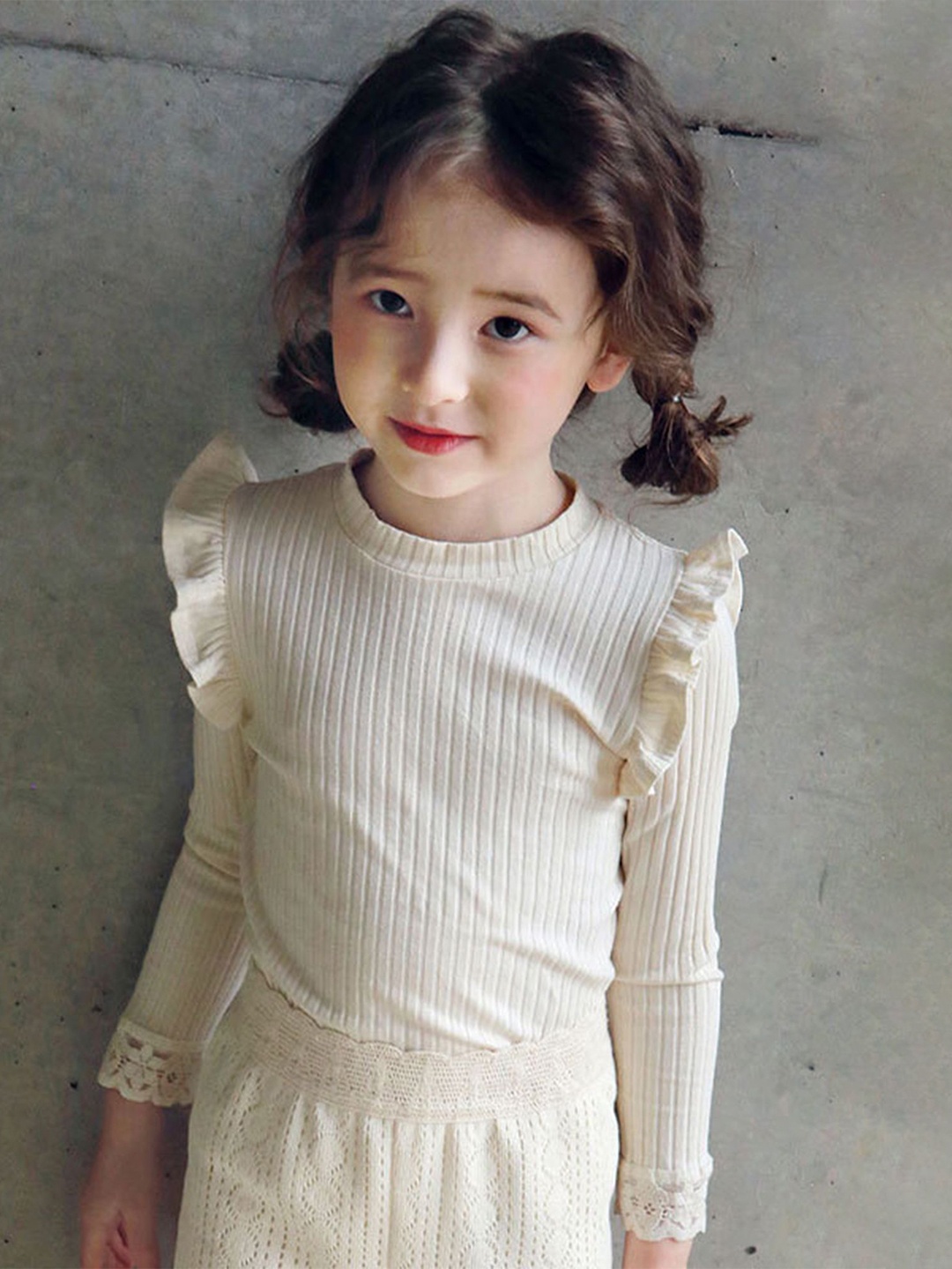

LULU & SKY Girls Self Design Round Neck Ruffle Details Top, Beige