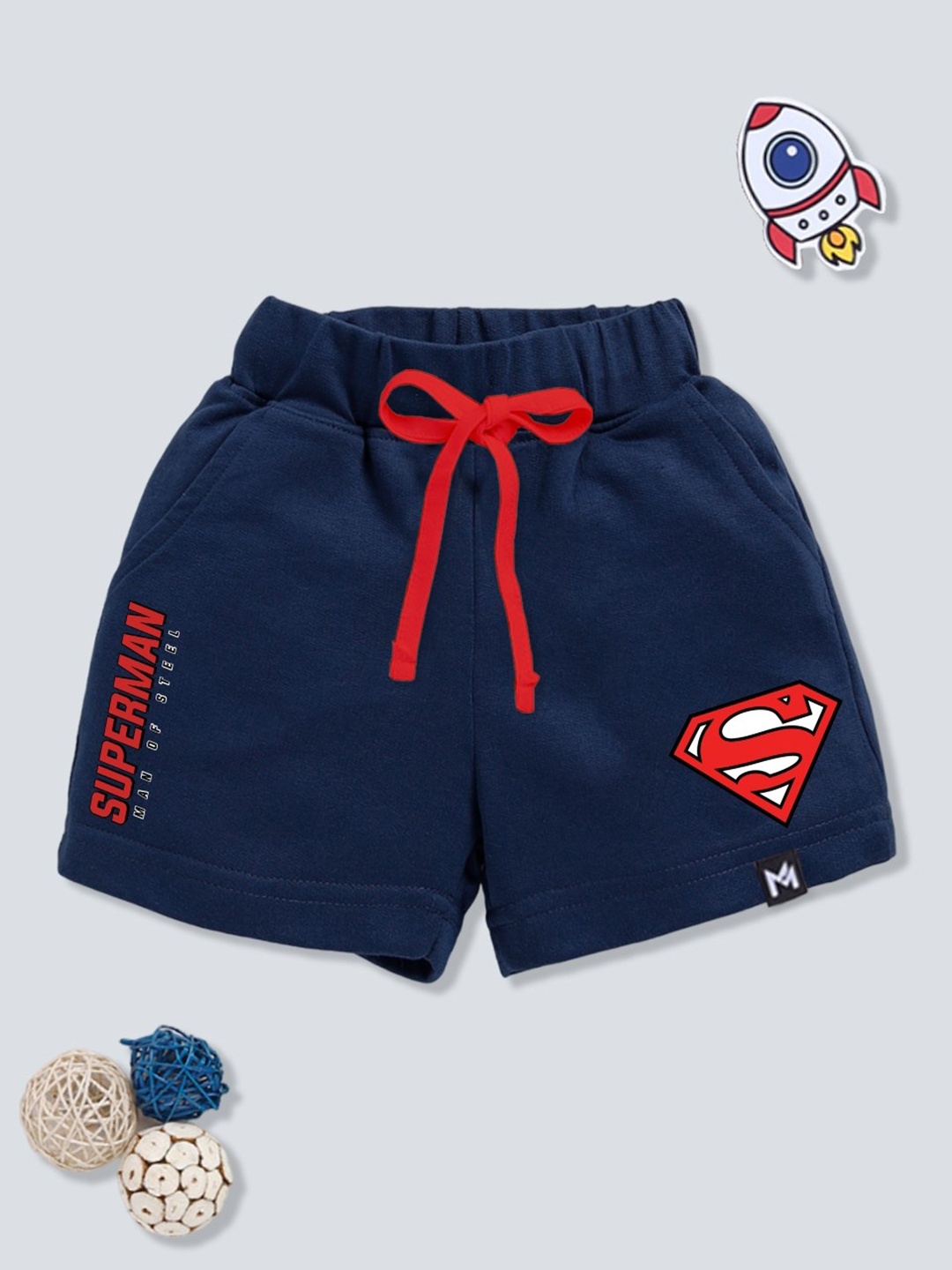 

YK X Minute Mirth Boys Pure Cotton Superman Printed Shorts, Navy blue