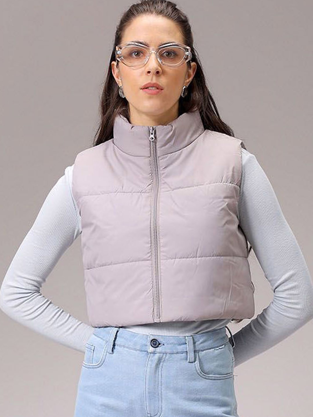 

Freehand by The Indian Garage Co Women Mock Collar Solid Casual Quilted Jacket, Lavender