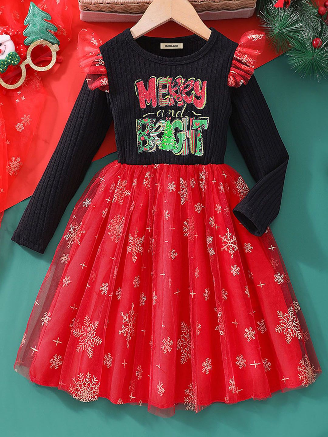 

INCLUD Girls Typography Printed Fit & Flare Dress, Black