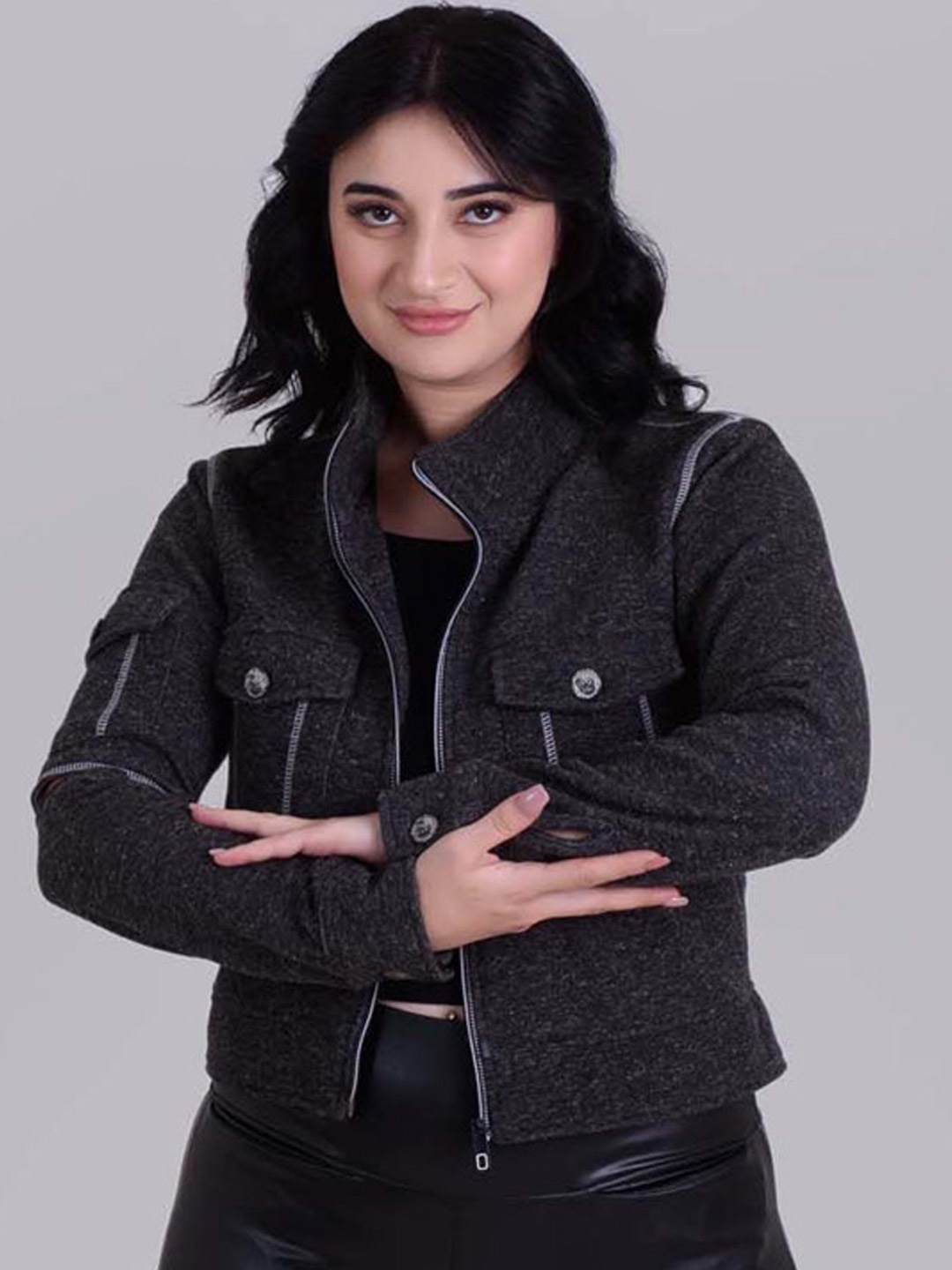 

Keepfit Women Mock Collar Self Design Casual Tailored Jacket, Charcoal