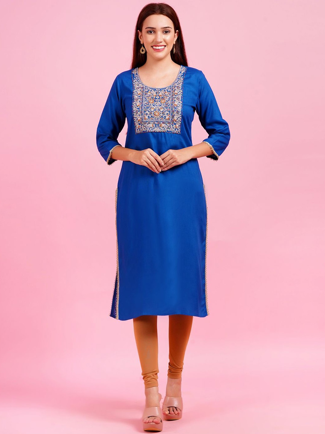 

HIGHLIGHT FASHION EXPORT Yoke Design Round Neck Straight Kurta, Blue