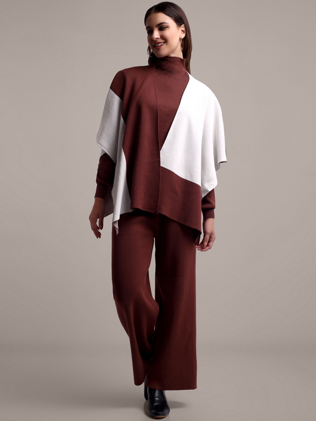 

iki chic Brown High Neck Long Sleeves Sweater With Trouser With shrug