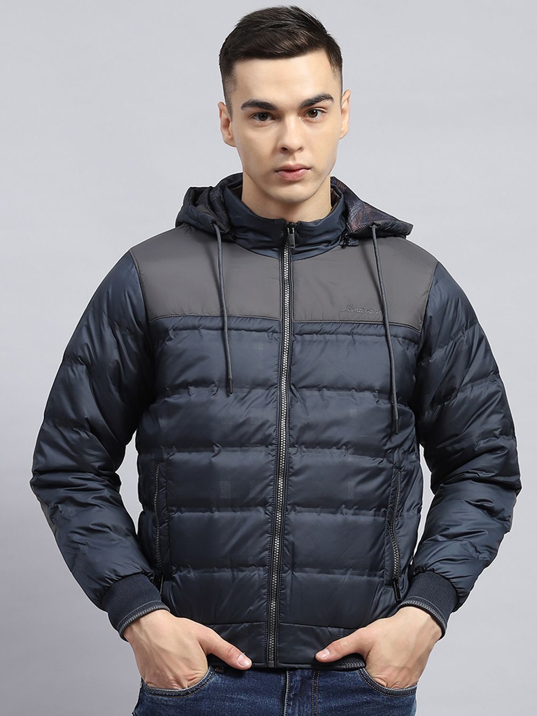 

Monte Carlo Men Solid Mock Collar Detachable Hood Padded Jacket, Navy blue