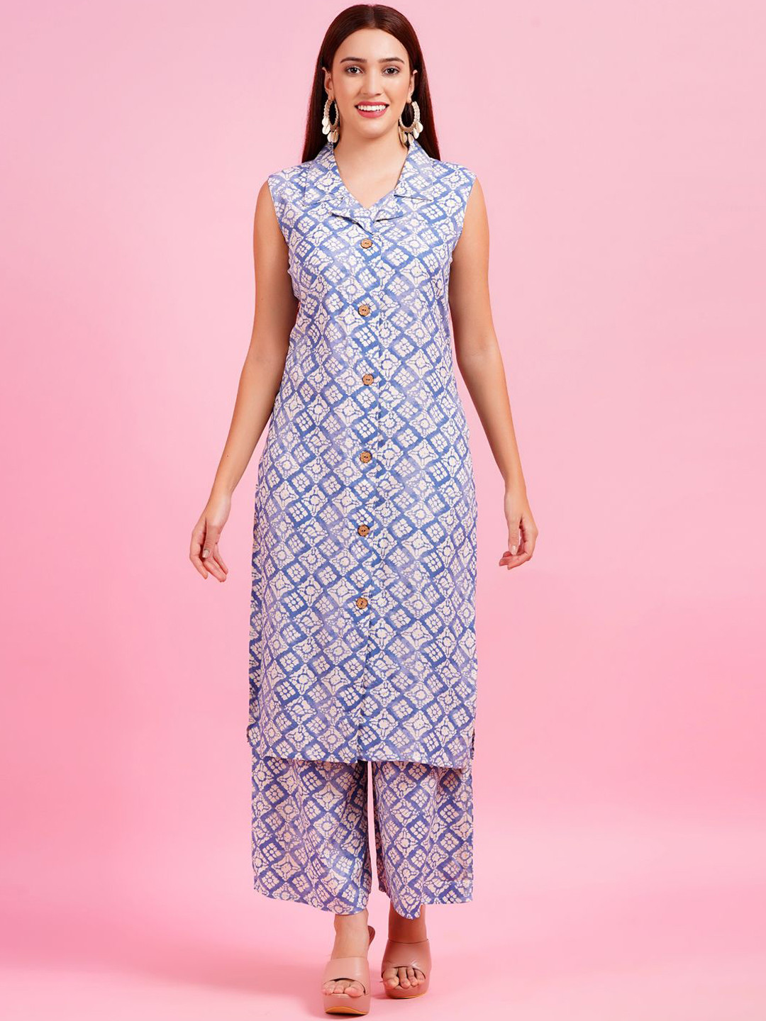 

KALINI Printed Lapel Collar Sleeveless Top With Palazzo, Blue