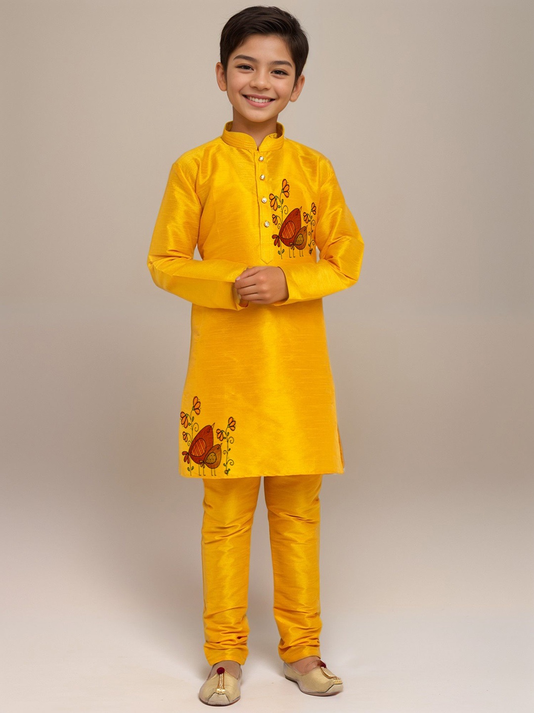 

DEVOILER Boys Printed Regular Art Silk Straight Kurta with Churidar, Yellow