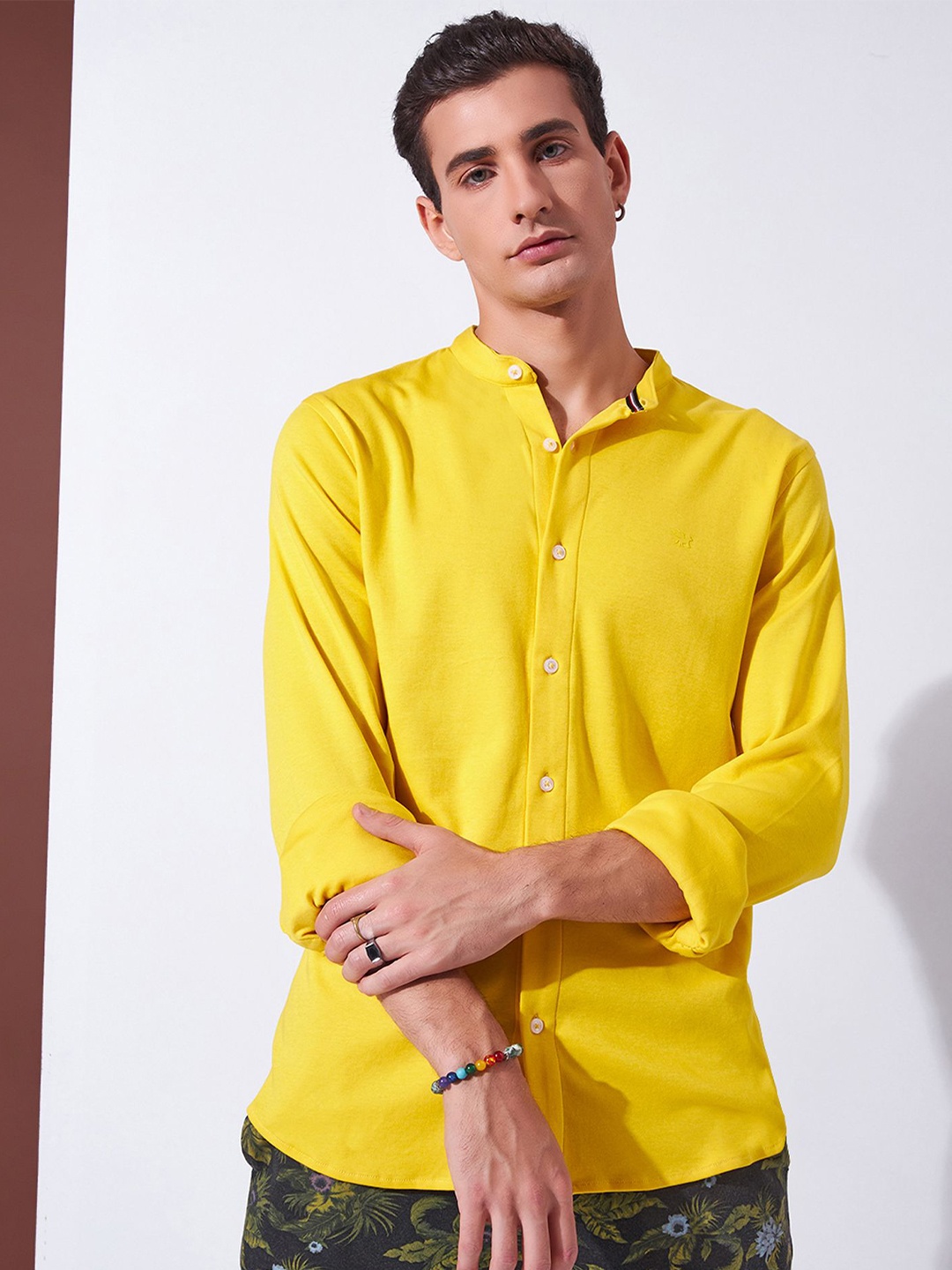 

Markle Moro Men Band Collar Solid Cotton Casual Shirt, Yellow