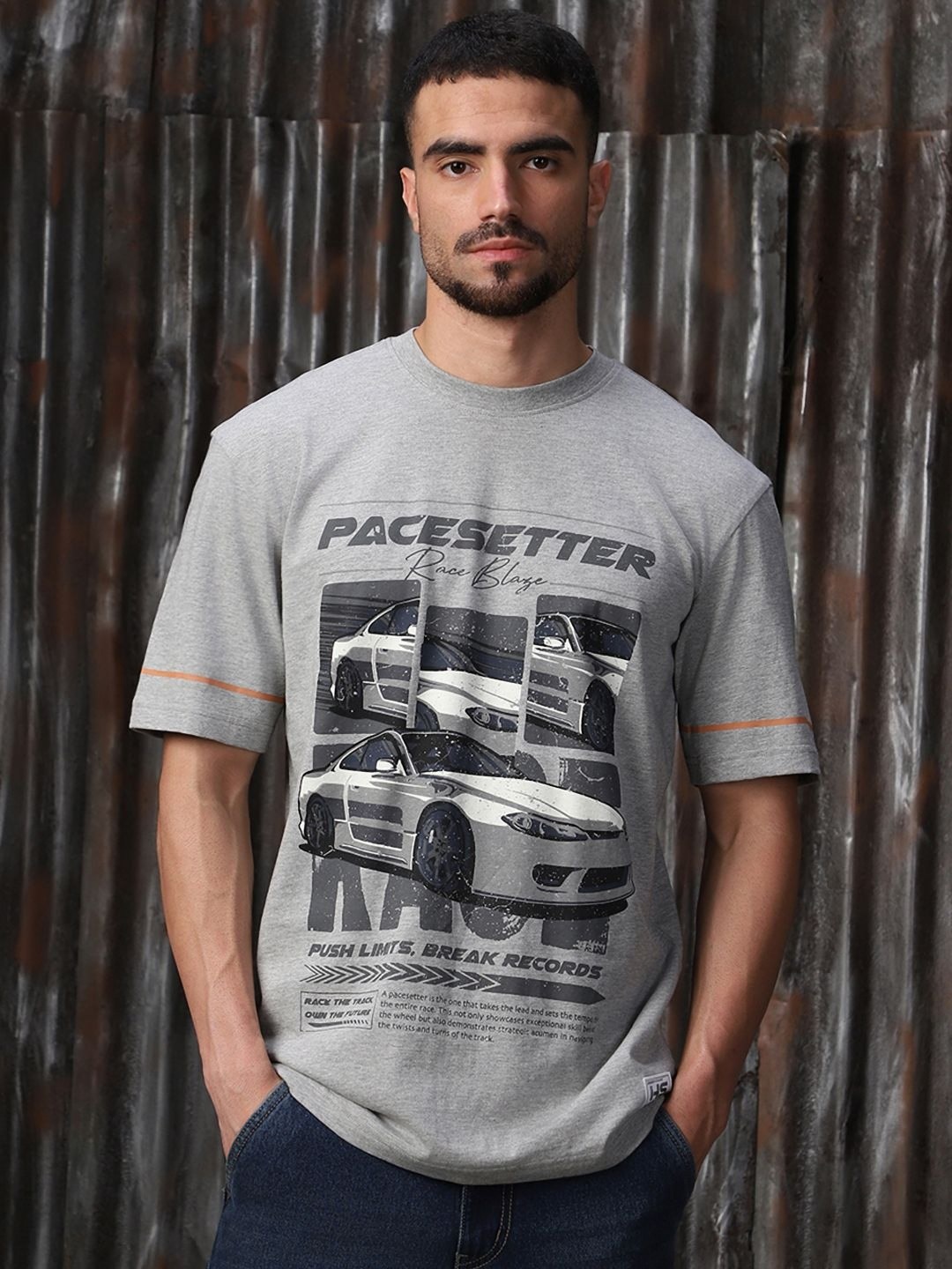 

High Star Men Moto Racer Graphic Printed relaxed fit T-shirt, Grey