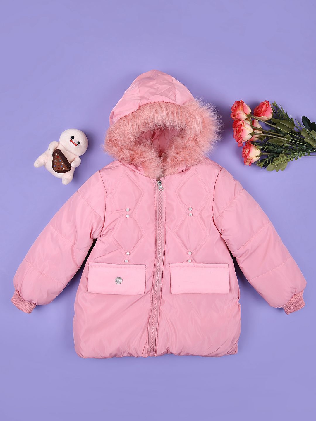 

V-Mart Girls Hooded Solid Cotton Casual Parka Jacket, Pink