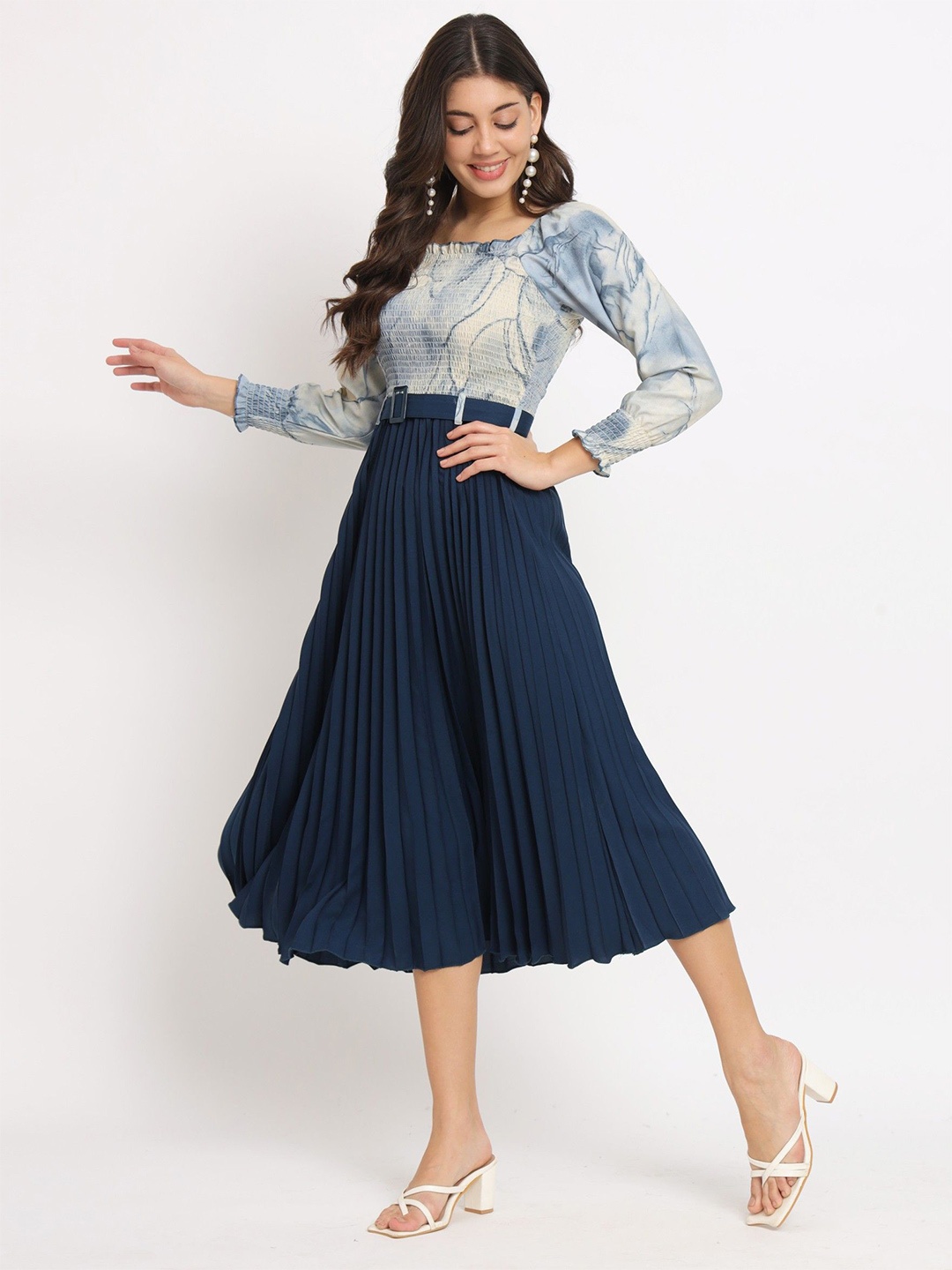 

Raiyani Enterprise Women Floral Printed Pleated Smocked Fit & Flare Dress, Blue