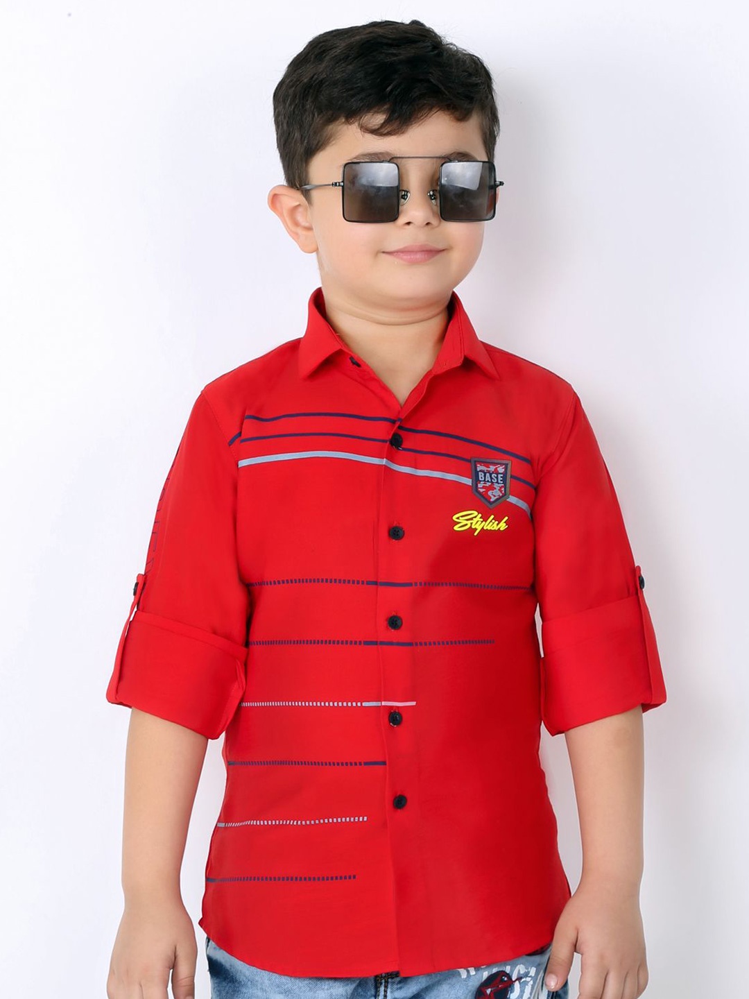 

MashUp Boys Classic Spread Collar Horizontal Striped Cotton Casual Shirt, Red