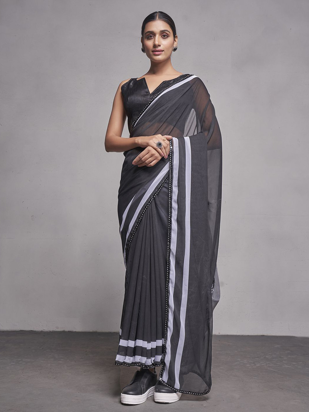 

Kalista Striped Mirror Work Pure Chiffon Saree, Black