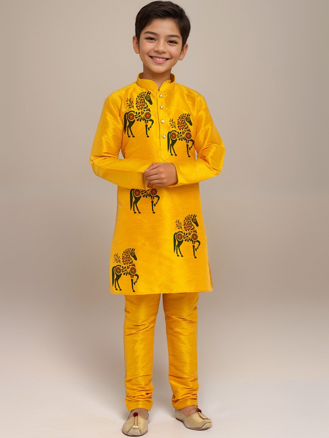 

DEVOILER Boys Floral Printed Mandarin Collar Straight Kurta With Churidar, Yellow