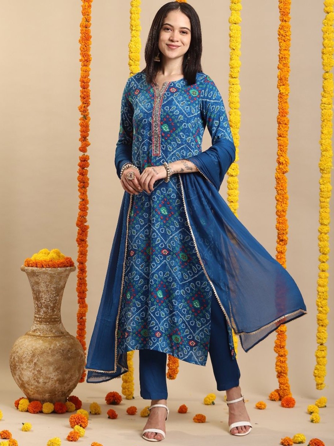 

Anni Designer Bandhani Printed Notch Neck Straight Kurta With Trousers & Dupatta, Blue