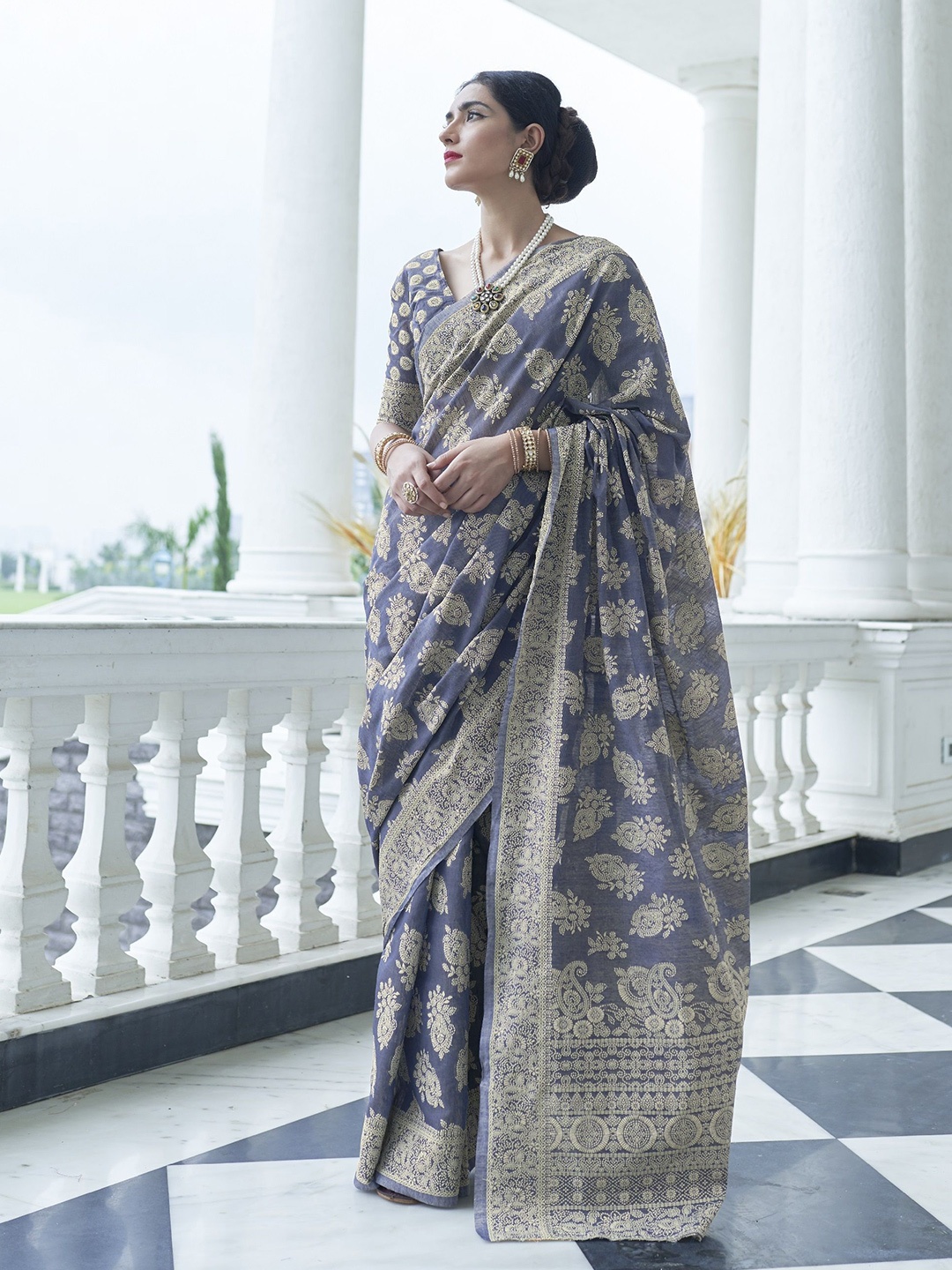 

MAHALASA Ethnic Motifs Pure Cotton Chanderi Saree, Blue