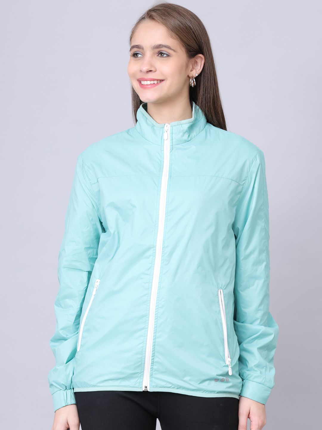 

HOUSE OF VEDAS Women Mock Collar Solid Casual Sporty Jacket, Turquoise blue