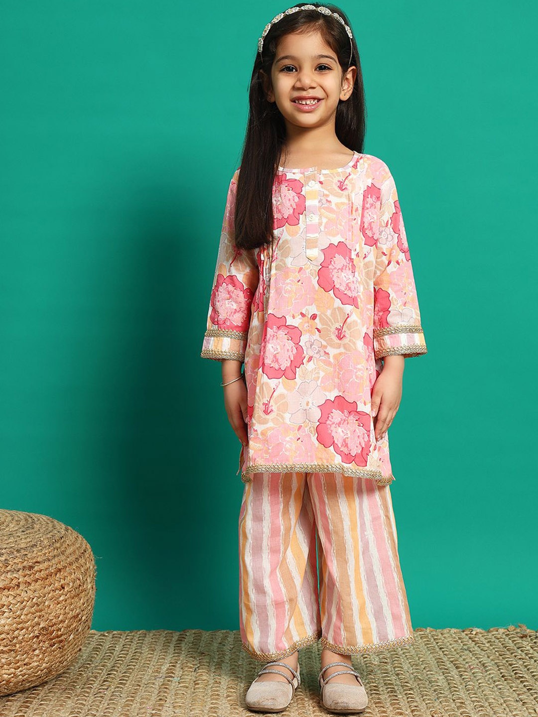 

Readiprint Fashions Girls Floral Printed Gotta Patti Pure Cotton Kurti With Palazzos, Pink