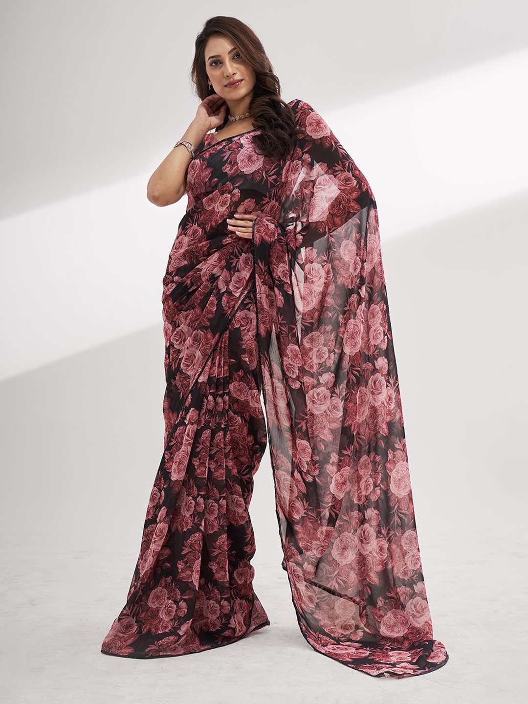

Kalista Floral Printed Pure Chiffon Ready to Wear Saree, Black