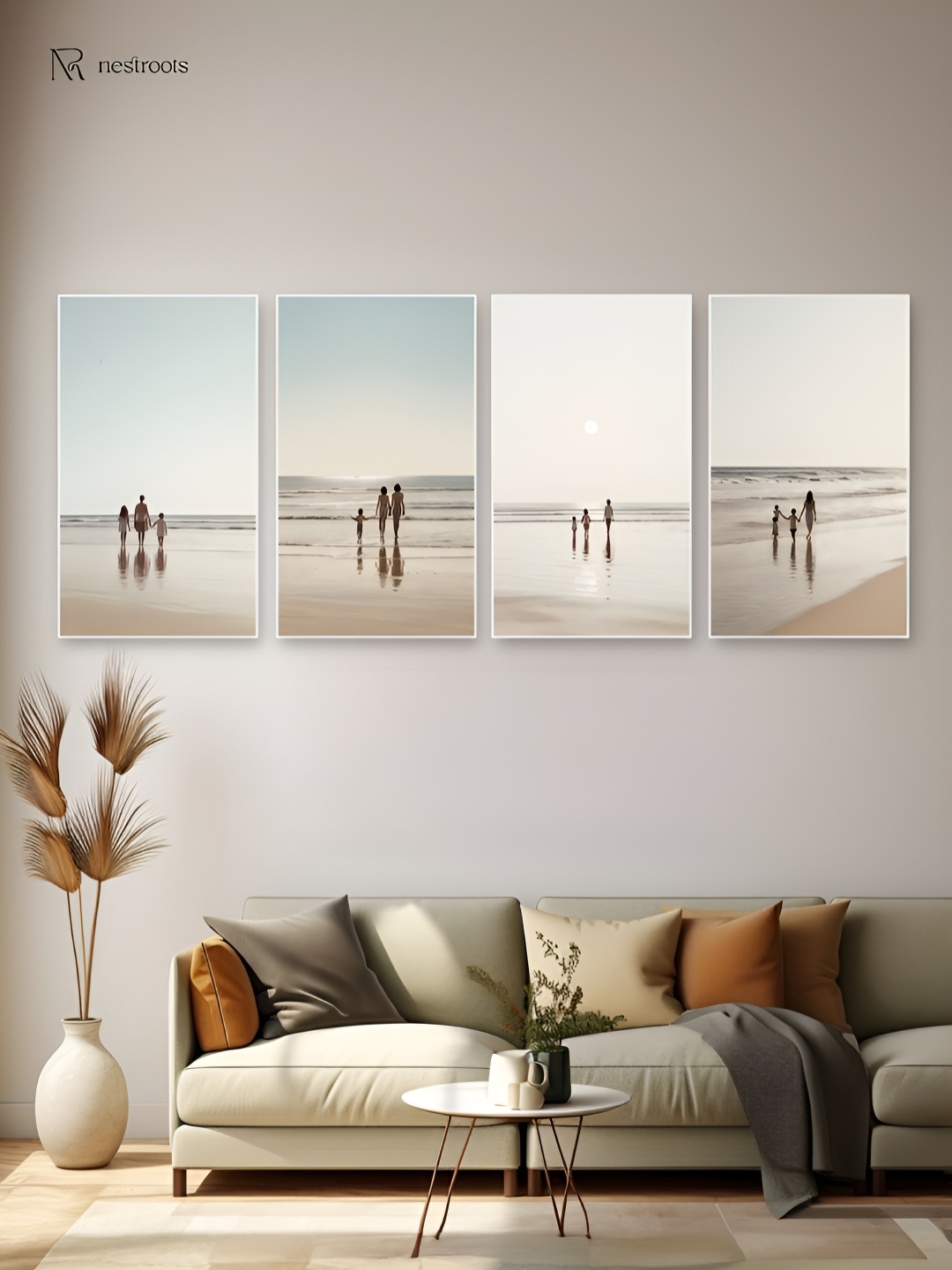 

nestroots Beige & Blue 4 Pieces Heartwarming Family Beach Walk Canvas Painting Wall Arts