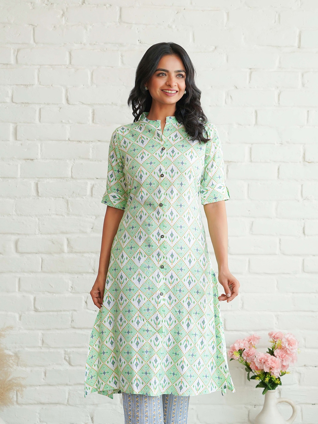 

DIZON Women Geometric Printed Kurta, Sea green