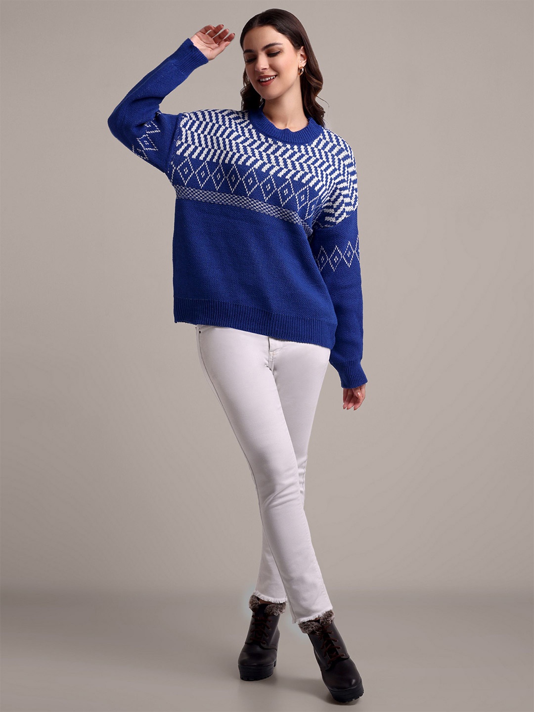 

iki chic Women Chevron Ribbed Woollen Pullover, Blue