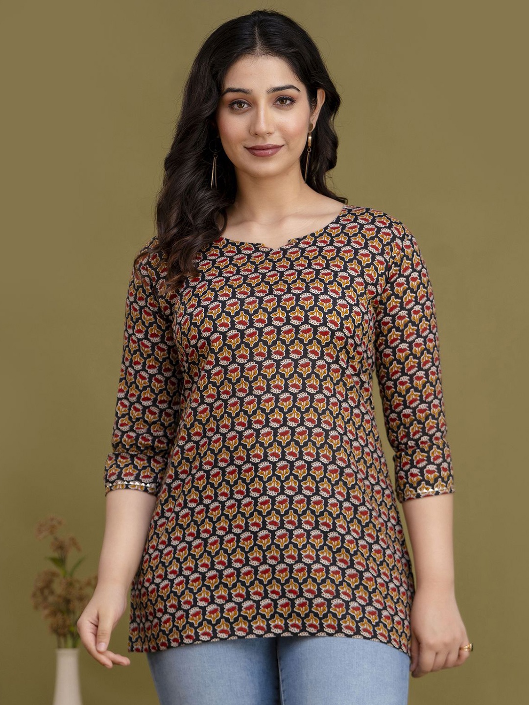 

NITVAN Ethnic Motifs Printed Cotton Top, Brown